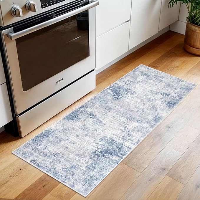 IOHOUZE Abstract Runner Rug 2x5 Ft Washable Runners for Hallways, Non Slip Kitchen Runner Printed Faux Wool Entryway Runner Indoor, Modern Floor Carpet for Hall Kitchen Bedroom, Light Blue White