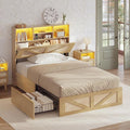 AOGLLATI Twin Bed Frame with 4 Storage Drawers and Natural Rattan 2-Tier Bookcase Hidden Headboard, Boho Led Twin Bed Frame with Charging Station, No Box Spring Needed, Wood