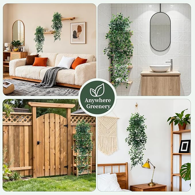 Artificial Hanging Plants for Shelf, 2-Pack Fake Potted Greenery Faux Mandala Vines in Black Pot, Décor for Office Living Room Bathroom Indoor Outdoor