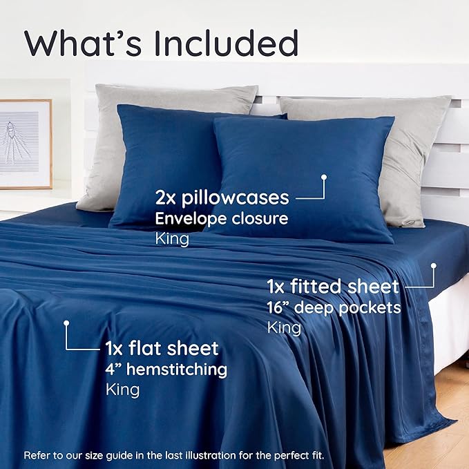 Bambaw King Sheets Set 4pcs – 100% Viscose Derived from Bamboo Sheets King Size Extra Deep Pocket, Ultra Soft, Fits Up to 16'' with Elastic Corner Straps, King Size Sheets Set Cooling (Navy Blue)