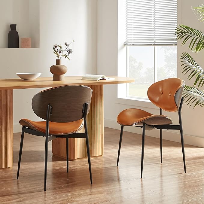 Art Leon Faux Leather Dining Chairs Set of 4, Gray Oak Bentwood, Mid Century Modern Desk Chairs with Metal Legs, Armless Accent Chairs for Living Room Bedroom, Brown