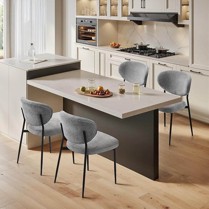 Dining Chairs Set of 4 Modern Chenille Upholstered Kitchen & Dining Room Chairs Wide Seat Filled with 58D Memory Foam Cushion Ergonomic Curved Backrest Vanity Chairs for Restaurant Grey