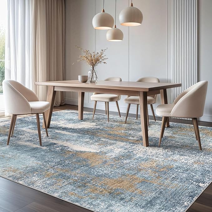 Area Rug Living Room Rugs - 9x12 Washable Large Soft Indoor Neutral Modern Abstract Low Pile Rug Carpet for Bedroom Dining Room Farmhouse Home Office - Blue Brown