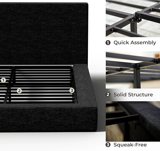 RECCI Cloud Upholstered King Bed Frame with Headboard, 5 Inch Foam Padded Platform, No Box Spring, Easy Assembly (Onyx Black)
