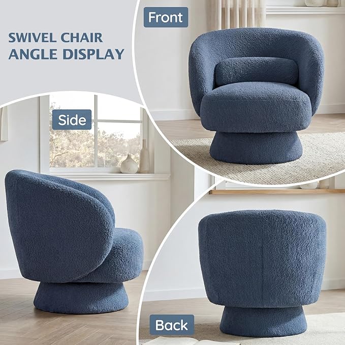 Swivel Accent Chair, Modern 360 Degree Swivel Barrel Chair with Arms & Curved Back and Lumbar Support Cushion, Comfy Round Single Boucle Sofa for Small Space, Living Room, Bedroom, Blue