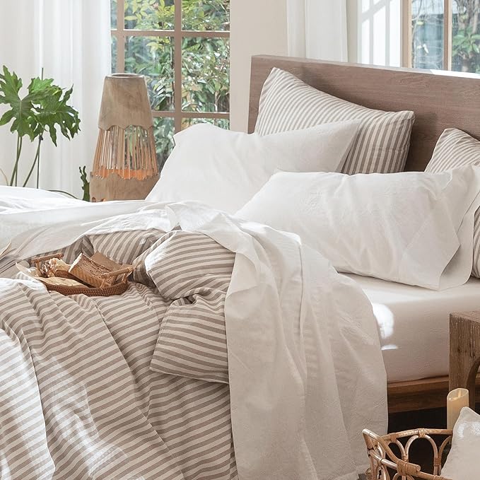 MooMee Bedding Sheet Set 100% Washed Cotton Linen Like Textured Breathable Durable Soft Comfy (Solid Off White, Twin)