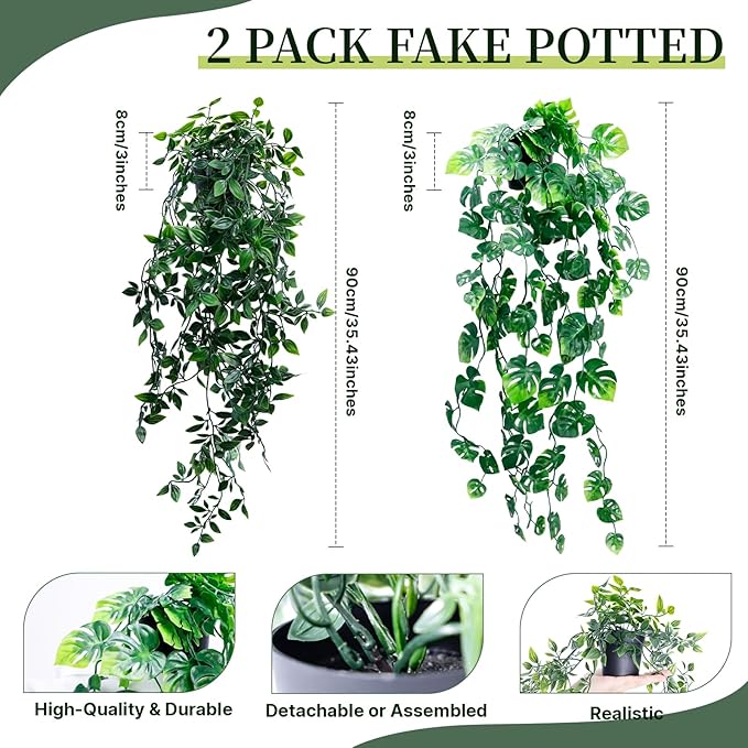 Artificial Hanging Plants for Shelf, Fake Potted Greenery 2-Pack Faux Mandala and Monstera Leaves Vines in Black Pot, Décor for Office Living Room Bathroom Indoor Outdoor