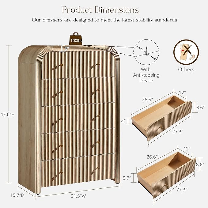 T4TREAM Fluted 5 Drawers Dresser, 48" Tall Modern Chest of Drawers with Thickened Curved Profile Design, Wood Closet Clothes Storage Organizer for Bedroom, Living Room, Hallway, Natural Oak