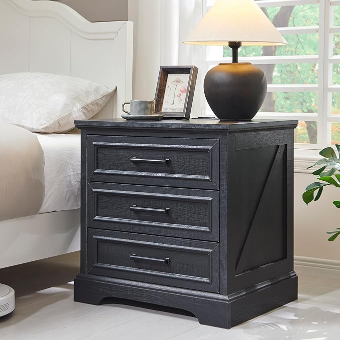 ACCOHOHO Farmhouse Nightstands Set of 2, 22 Inch Wide End Table with Charging Station & 3 Large Drawers, Rustic Wood Small Dresser Chest of Drawers for Bedroom, Living Room, Black