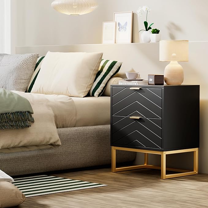 Anbuy Morden 3 Pieces Bedroom Sets, 6 Drawer Dresser and Nightstand Sets for Bedroom, Night Stand Set of 2 & 6 Drawer Dresser with Gold Handles, Morden Wood Chest of Drawers Storage Cabinet Set, Black
