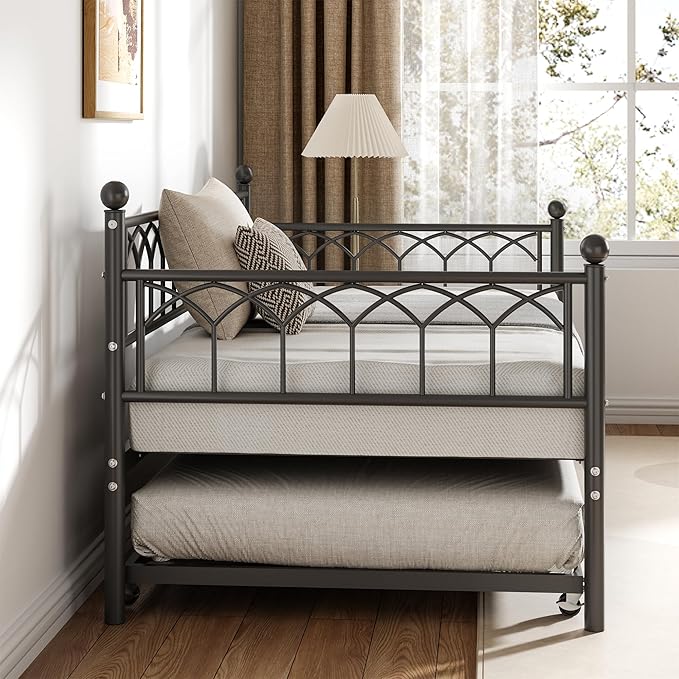 GarveeHome Twin Size Daybed, Sofa Bed Frame with Metal Steel Slat Support, Heavy Duty Metal Bed Frame, Space Saving, Easy Assembly, for Small Spaces, Living Room, Bedroom, Apartment, Black