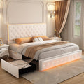 Full Led Bed Frame with 2 Drawers, Storage Platform Bed with Upholstered Crystal Button Tufted Headboard Footboard, 2 Side Pockets, No Box Spring Needed, PU White