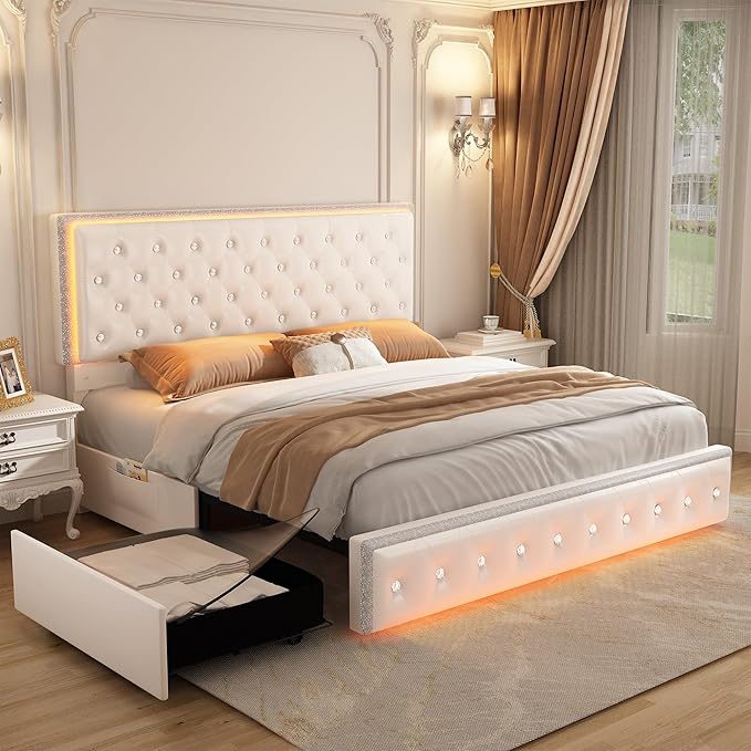 Queen Led Bed Frame with 2 Drawers, Modern Storage Platform Queen Size Upholstered Bed with Crystal Button Tufted Headboard, Solid Slats Support, Noise Free, No Box Spring Needed, PU White