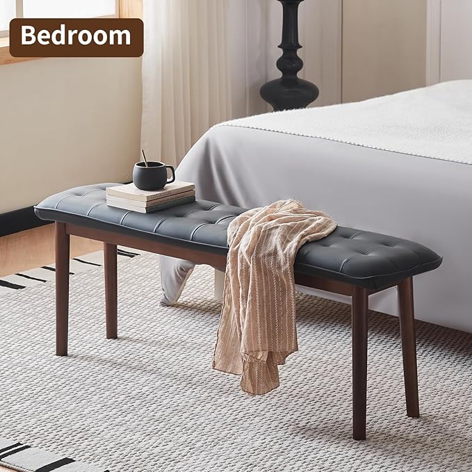 47'' Solid Wood Dining Bench with Cushion, Faux Leather Upholstered Bench for Dining Room Table, Kitchen, Entryway, or Bedroom End of Bed, Black