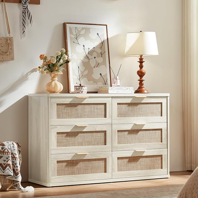LEYAOYAO Rattan Dresser and Nightstand Set of 2, Boho Wood Dresser for Bedroom with 6 Drawers and Night Stand with 3 Drawer, Bedroom Furniture, Dressers & Chests of Drawers, Living Room, Hallway