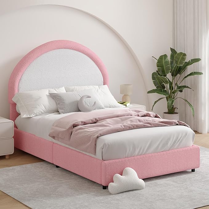 Twin Bed Frames with Headboard, Boucle Upholstered Platform Bed, White Bed Frame, Soft Rounded Corners, No Box Spring Needed, Easy Assembly, Pink&White