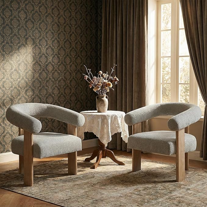 VKNOW Accent Chair Living Room Chair, Modern Upholstered Arm Chair with Solid Wood Legs, Comfy Barrel Accent Chair for Living Room, Bedroom, Dark Grey