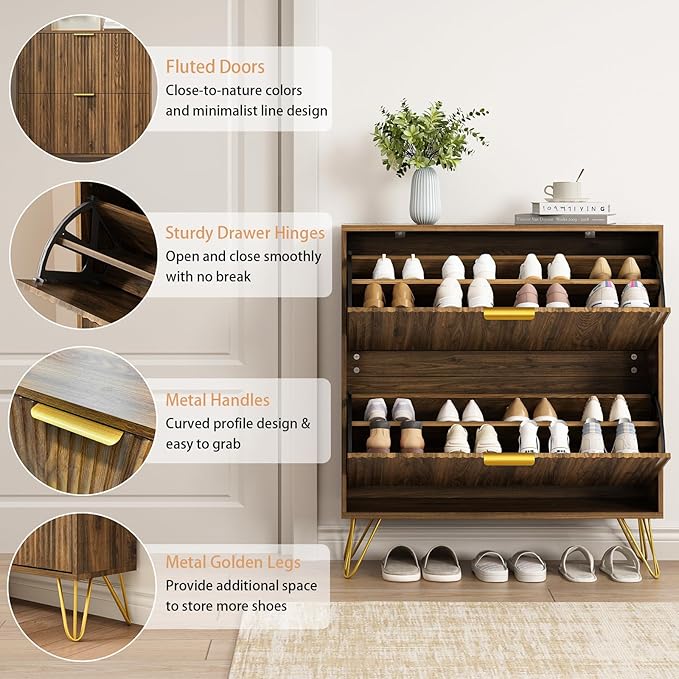 Shoe Cabinet with 2 Flip Drawers Walnut, Fluted Shoe Cabinet Storage for Entryway Slim, Mid Century Narrow Shoe Organizer, Modern Freestanding Shoes Rack for Entryway, Walnut
