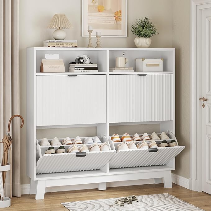 Shoe Cabinet with 4 Flip Drawers, 46" Tall Narrow Fluted Shoe Storage Organizer for Entryway, Hidden Slim Wooden Shoe Rack Cabinet for Front Door Entrance, Hallway, Living Room, Solid White