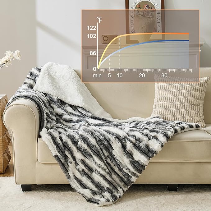 Heated Blanket Throw - 50"x60" Fast Heating Bed Electric Blankets Throw with 6 Heating Levels & 4 Hours Auto Off, Soft Ribbed Faux Fur Sherpa, Over-Heated Protection ETL, Dark Gray