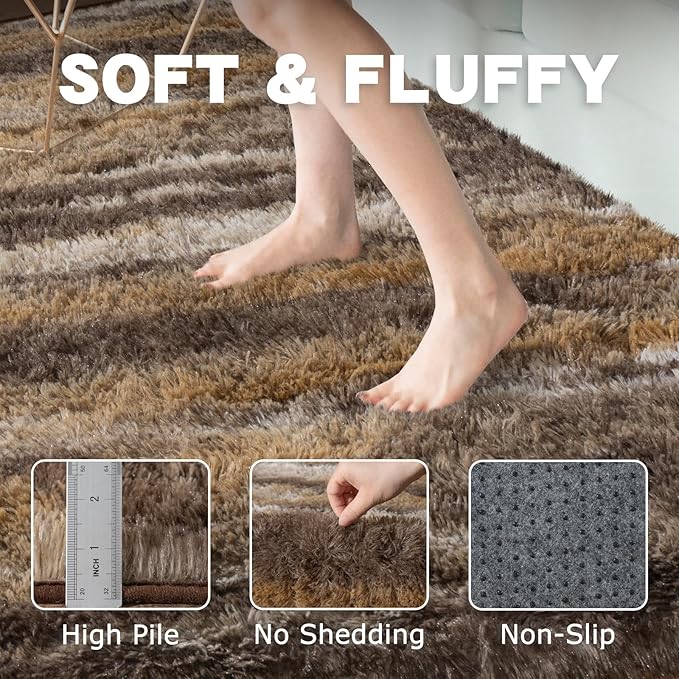 Fluffy Rugs for Bedroom Living Room, 4x6 Feet Abstract Brown Shag Area Rugs, Non-Slip Indoor Modern Fuzzy Plush Floor Carpet for Dorm Nursery Kids Room Decor, Soft Shaggy Throw Rug