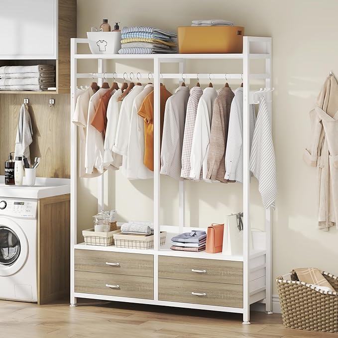 Tribesigns Freestanding Closet Organizer for Hanging Clothes, Heavy Duty Garment Rack with 4 Drawers, 8 Hooks and Storage Shelves, Wardrobe Closet Clothing Rack for Bedroom, Living Room, White Walnut
