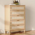 LINSY HOME Rattan Dresser for Bedroom with 5 Drawers, 46" Tall Chest of Drawers, Mid Century Modern Dresser TV Stand with Metal Handle, Wood Closet Storage Cabinet for Living Room, Hallway, Oak
