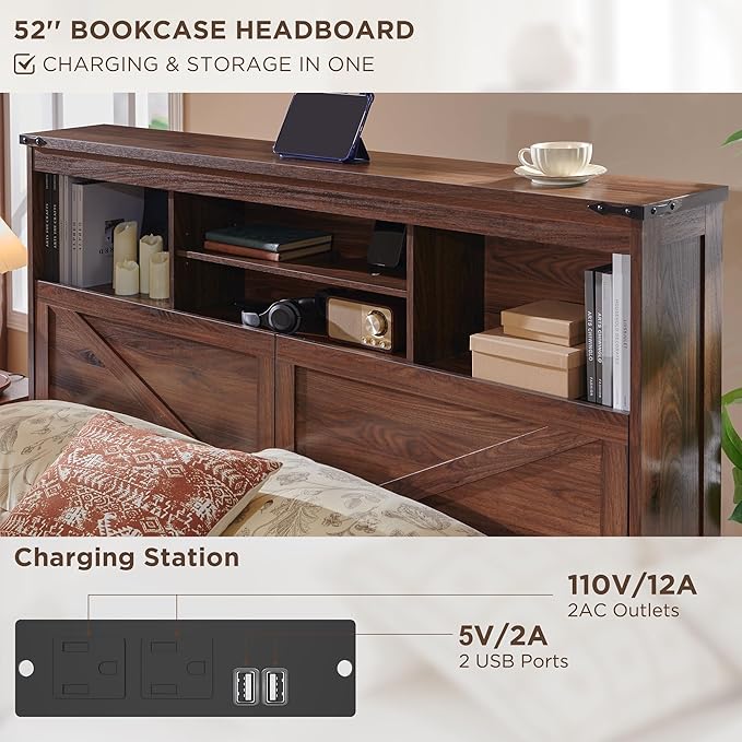 ACCOHOHO Farmhouse King Size Bed Frame with 52" Tall Storage Headboard and LED Light,Wood Platform Bed Frame with 4 Drawers and Charging Station,Solid Wood Slats Support,No Box Spring Needed,Brown