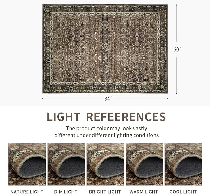 5x7 Vintage Washable Area Rug for Living Room,Low Pile Non Slip Carpet Non-Shedding Area Rug Soft Indoor Stain Resistant Rug Floral Print Mat for Bedroom Dining Room Brown Floral
