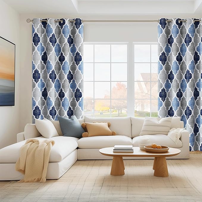 Beauoop 100% Blackout Curtains 63 Inches Long 2 Panels for Bedroom Living Room Blue Grey Moroccan Geo Room Darkening Thermal Insulated Soundproof Grommet Top Window Treatments Drapes, 50x63 Set of 2