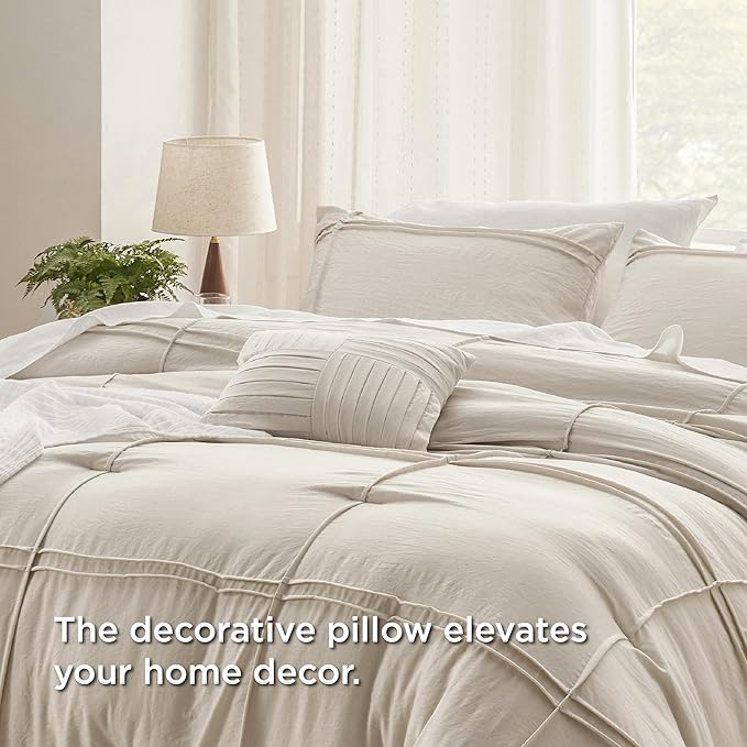 Bedsure California King Comforter Set - 4 Pieces Grid Pleat Bed Set, Beige Boho Bedding for All Season, 1 Soft Comforter, 2 Pillowcases, 1 Decorative Pillow