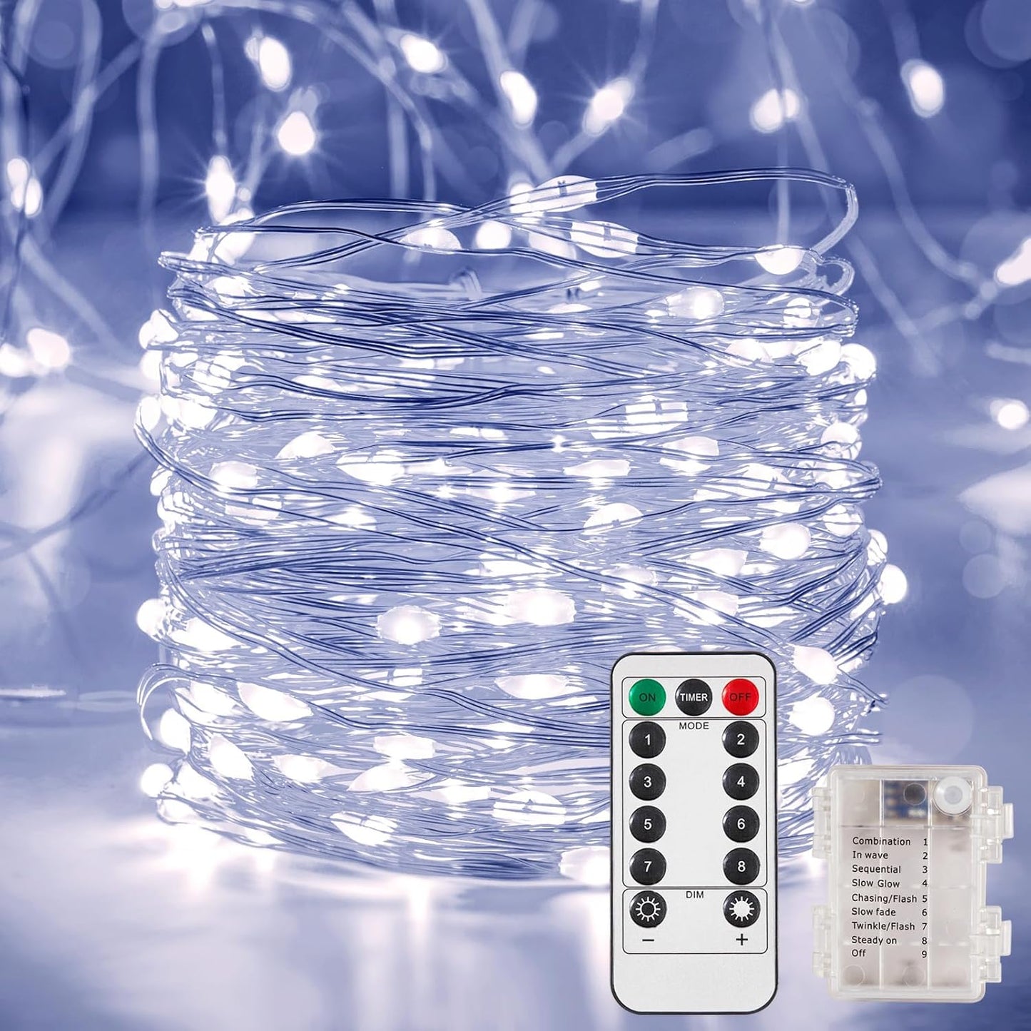 1 Pack 32.8 Ft. Battery Operated Outdoor String Lights with Remote & Timer, LED Cool White Fairy Lights, Waterproof Twinkle Lights for Bedroom, Dorm, Mason Jar, Wedding, Party, Christmas