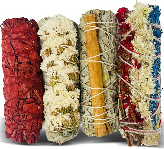 Sage Smudge Kit for Cleansing Negative Energy and Cleansing Home Sinuata, Dragon Blood, Cinnamon and Triple Flower Dried - 4'' Long Pack of 4 White California Sage Sticks