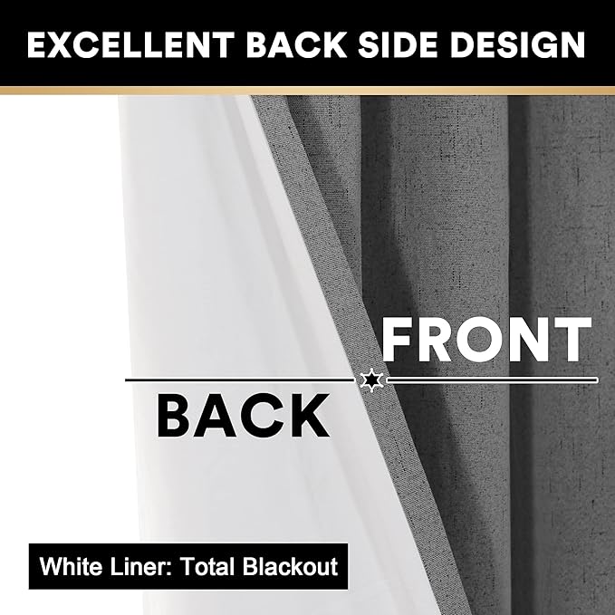 PrinceDeco 100% Blackout Curtains for Bedroom Linen Blackout Curtains 84 Inches Long Full Light Blocking Thermal Insulated with White Liner Energy Saving Warm Drapes for Winter, Grey,W 42 X L 84 Inch