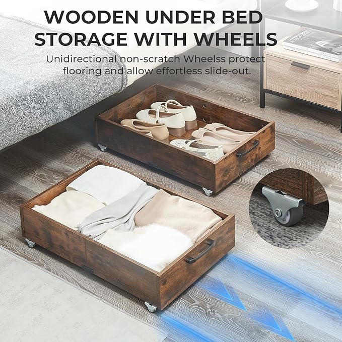 Under Bed Storage with Wheels, 2-Pack Under Bed Shoe Storage Organizer Drawer, Composite Wood Organizer for Shoes Clothes Containers in Bedroom for Clothes,Shoes(Brown)