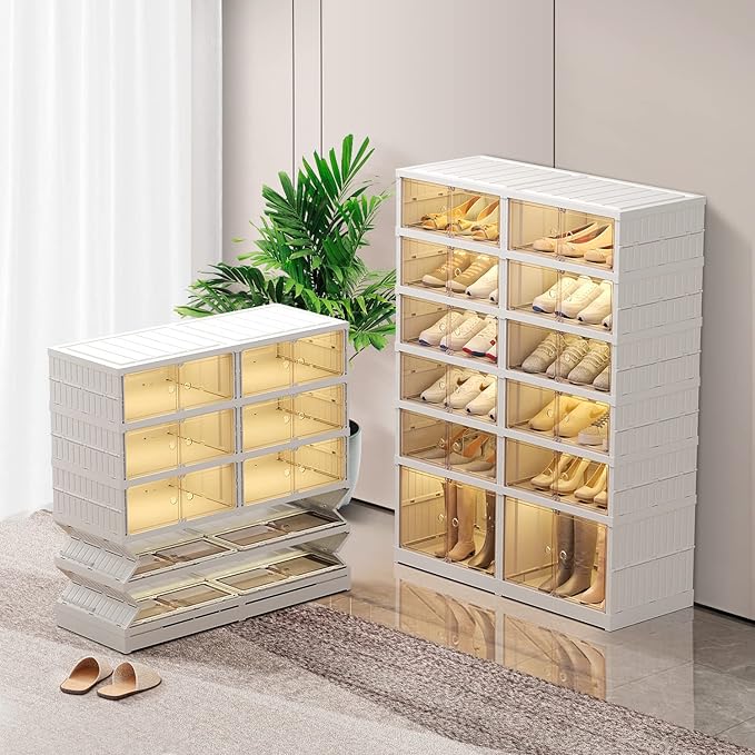 6-Tier Foldable Shoe Rack Organizer for Closet 24Pairs Plastic Shoe Shelf Collapsible Shoes Storage Box Clear Shoe Boxes Stackable with Door Easy Assembly Shoe Cabinet with Lids Large