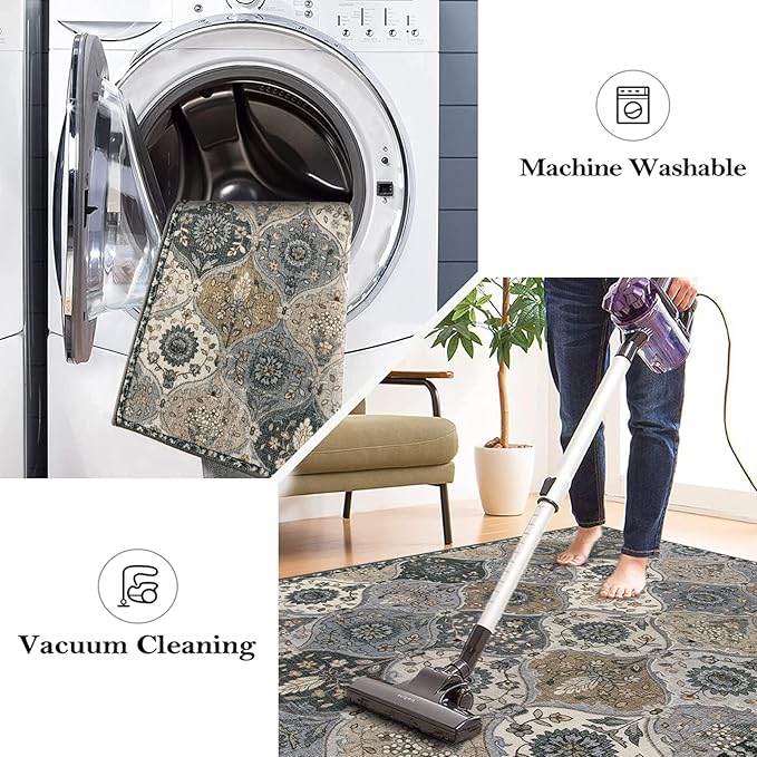 Lahome Moroccan Trellis Washable Round Rugs, Non-Slip Soft Round Rug 4ft Ultra-Thin, Small Vintage Circle Carpet for Entryway Kitchen Bedroom Nursery Bathroom, Grey