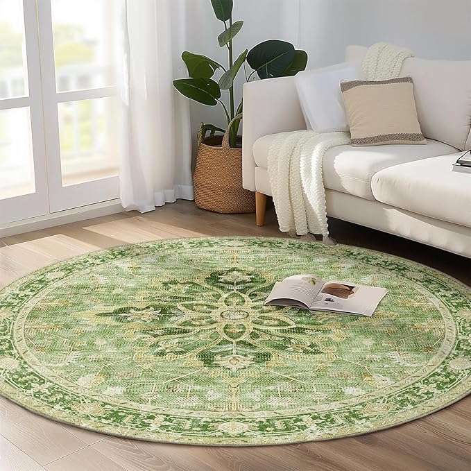 Area Rugs 6ft Washable Non-Slip, Floral Vintage Distress Print Pattern Medallion Carpet for Living Room Bedroom Dining Room, Sage Green Yellow