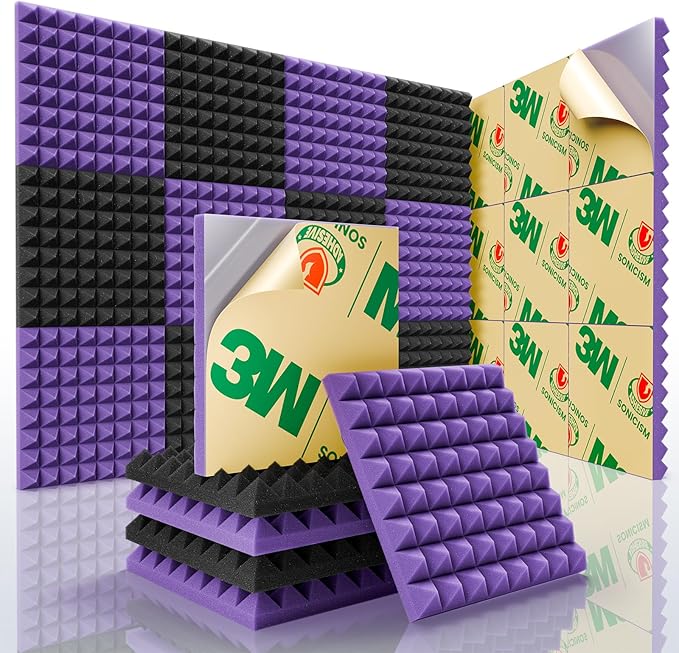 Sonicism Sound Proof Foam Panels for Walls Self-Adhesive 12 Pack Pyramid 1" X 12" X 12" Soundproof Wall Panels High Density Acoustic Panels Foam Fast Expand,Sound Absorption & Decoration,Black/Purple