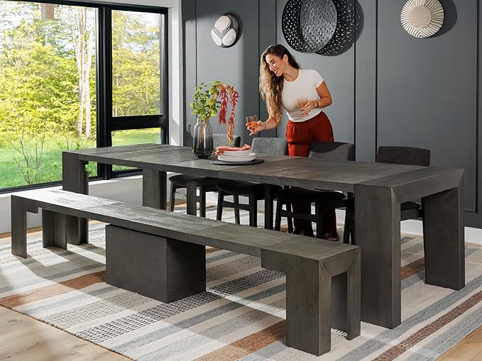 Transformer Table - Solid Wood Extendable Dining Table, Seats 2-12, Extendable Dining Room Table, Space-Saving Furniture, Expandable Dining Furniture (Dark Grey, Table + 2 Benches)
