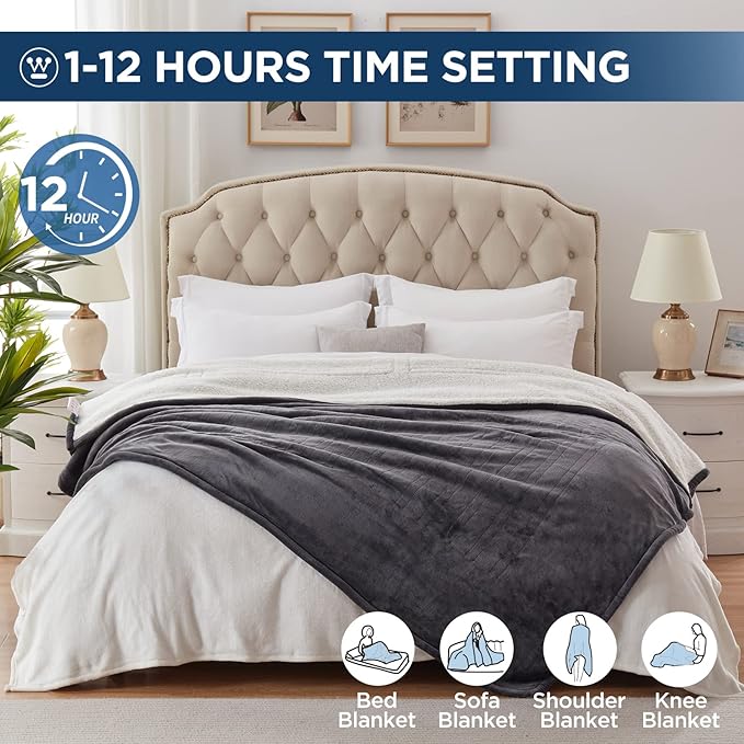 Westinghouse Electric Blanket Queen, Heated Blanket Queen Size with 10 Heating Levels and 1 to 12 Hours Heating Time Settings, Flannel to Sherpa Reversible, Machine Washable (84" x 90", Charcoal)