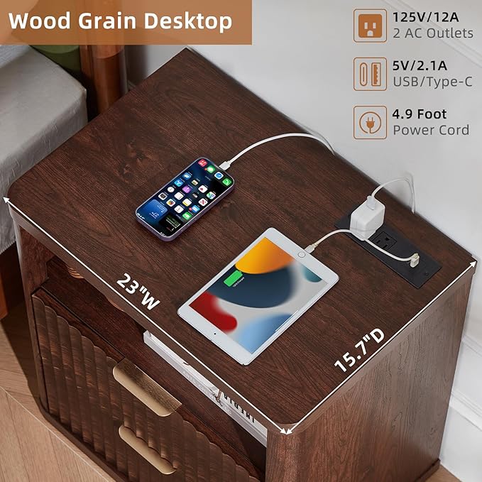 LEYAOYAO Fluted Nightstand with Charging Station, 23" Wide 2 Drawers Night Stand,Walnut End Table with Open Storage,Farmhouse Bed Side Tables, Wood Dresser for Bedroom, Living Room, Closet