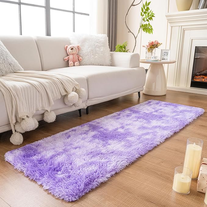 duduta Purple Plush Runner Rugs for Bedroom 2x6 ft, Tie Dye Fluffy Shag Rug for Dorm Nursery Bedside, Machine Washable Non Slip