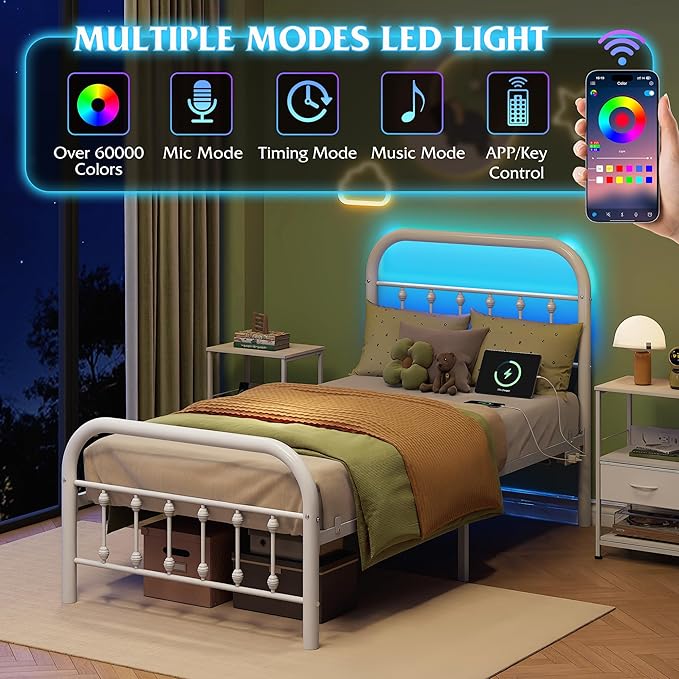 WLIVE Metal Platform Bed Frame, Twin Bed Frames with Headboard, Bed Frame with LED Lights and Charging Station, 600LBS Mattress Foundation, Under Bed Storage, No Box Spring Needed, White