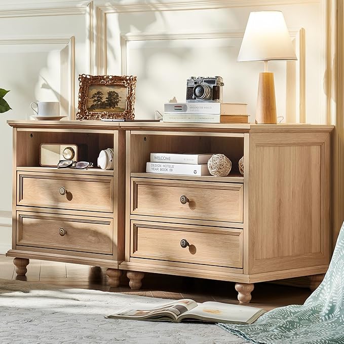 24" Wide Farmhouse Nightstand Set of 2 with Charging Station,End Table with 2 Drawers,Natural Wood Dresser for Bedroom Cabinet, Bed Side Table Chest of Drawers, Night Stand for Living Room