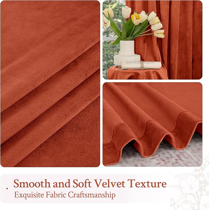 LAMIT Terracotta Velvet Curtains for Living Room, 96 Inch Thermal Insulated Noise Reducing Panels Rustic Vintage Room Darkening Drapes with Back Tab and Rod Pocket, 2 Panels, 52 x 96 Inch