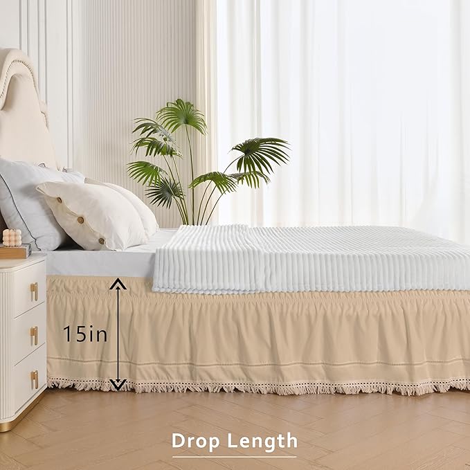 MIYE Wrap Around Ruffled Lace Bed Skirt, Elastic Dust Ruffle with Adjustable Belts, Easy to Put On, Bed Frame Cover, Machine Washable (Tassel Ruffle/Beige, Full/Twin-15 Drop)