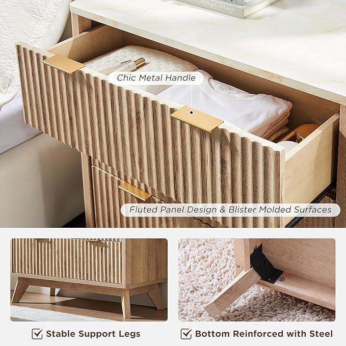 T4TREAM Fluted 3 Drawers Nightstand Set of 2, Oversized Extra Large Modern Side Table with Faux Marble Top, End Table Bedside for Bedroom, Living Room, Curved Profile Design, Natural Oak