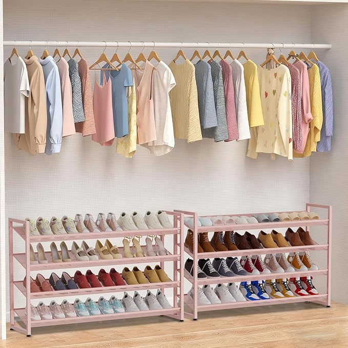 Large Shoe Rack 8 Tier Shoe Organizer, Heavy Duty Metal 4-Tier Stackable Shoe Storage Vertical Shoe Rack for Closet Front Door Entrance, Up to 50 Pairs, 44.8" W x 11.4" D x 56.7" H, Pink