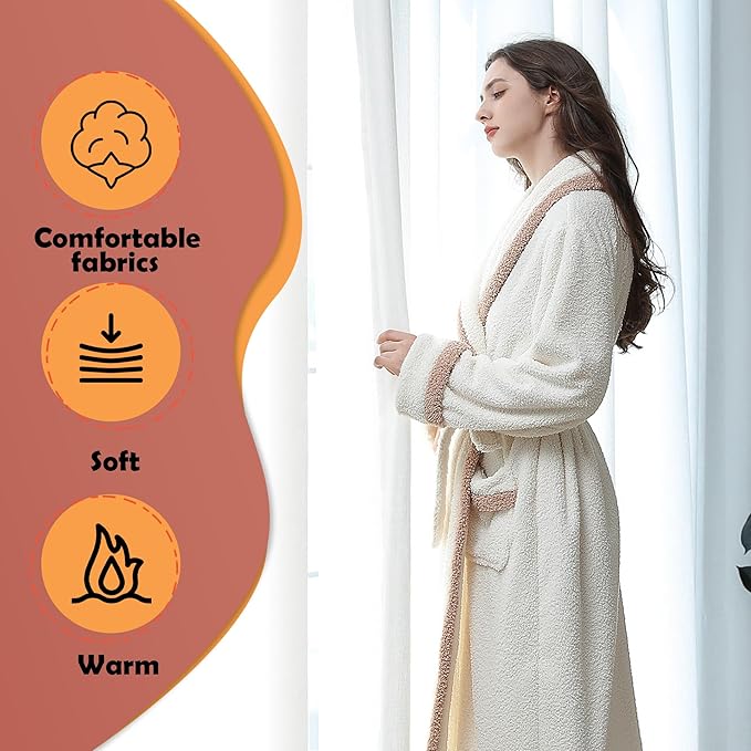 Oksun Womens Long Fleece Robe: Soft Fluffy Warm Bathrobe - Cozy Winter Housecoat Nigthgown with Chic Piping